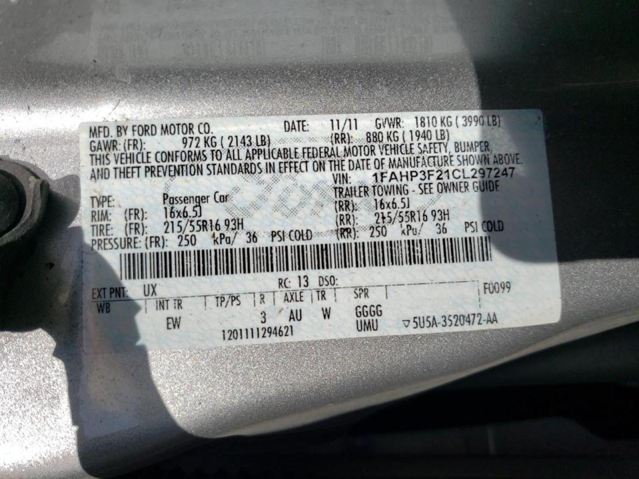 Photo 10 from auction – 2012 FORD FOCUS SE with VIN 1FAHP3F21CL297247