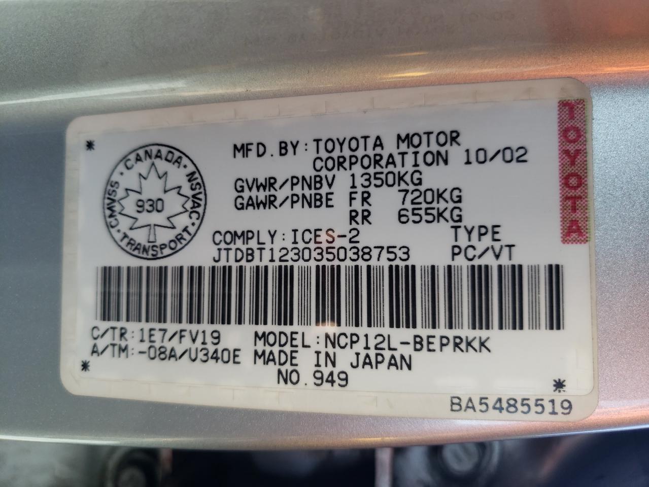 Photo 10 from auction – 2003 TOYOTA ECHO with VIN JTDBT123035038753