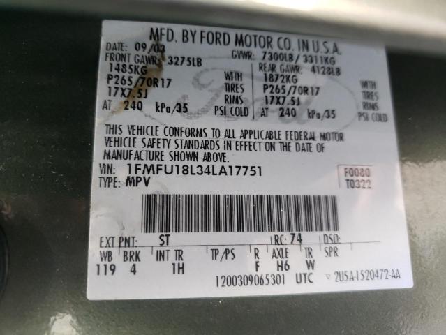 FORD EXPEDITION 2004 with VIN 1FMFU18L34LA17751 - Photo from auction