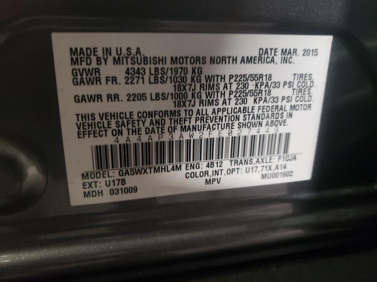 Photo 11 from auction – 2015 MITSUBISHI OUTLANDER with VIN 4A4AP3AW2FE027449
