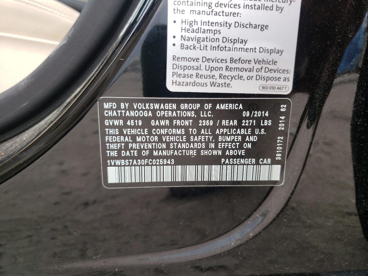 Photo 10 from auction – 2015 VOLKSWAGEN PASSAT SE with VIN 1VWBS7A30FC025943