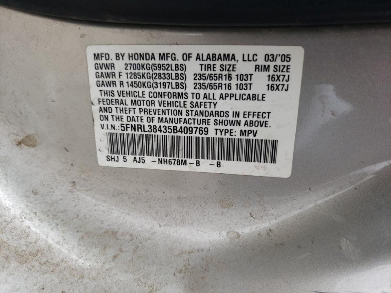 Photo 10 from auction – 2005 HONDA ODYSSEY EX with VIN 5FNRL38435B409769