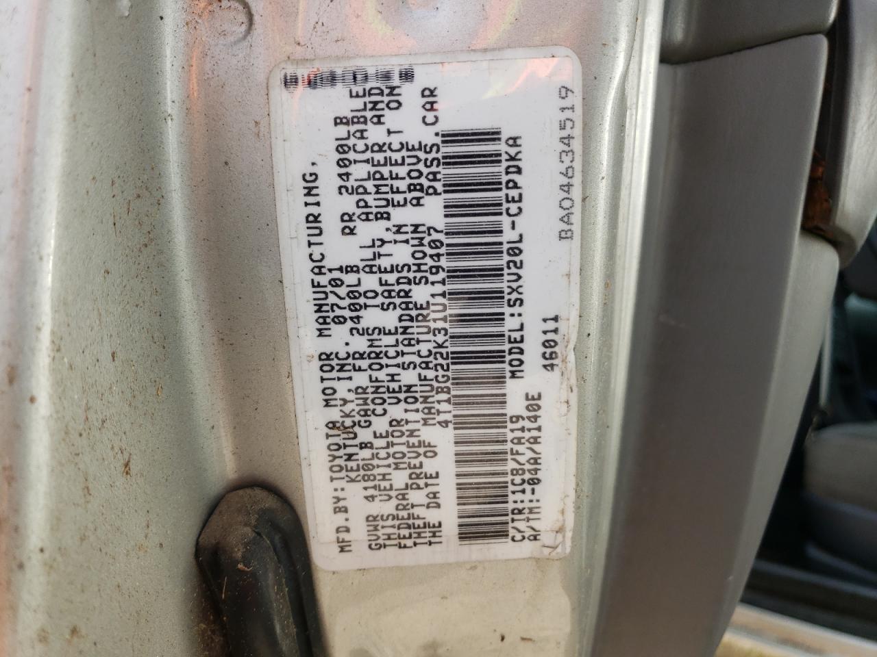 Photo 10 from auction – 2001 TOYOTA CAMRY CE with VIN 4T1BG22K31U119407