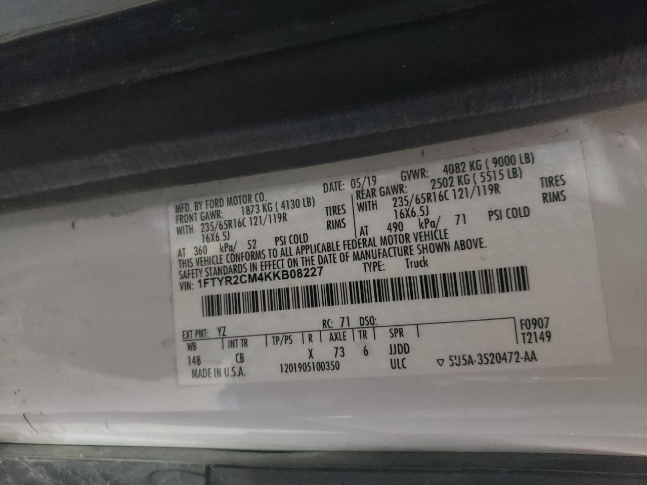 Photo 10 from auction – 2019 FORD TRANSIT T- with VIN 1FTYR2CM4KKB08227