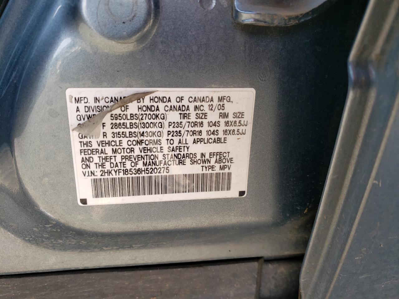 Photo 10 from auction – 2006 HONDA PILOT EX with VIN 2HKYF18536H520275