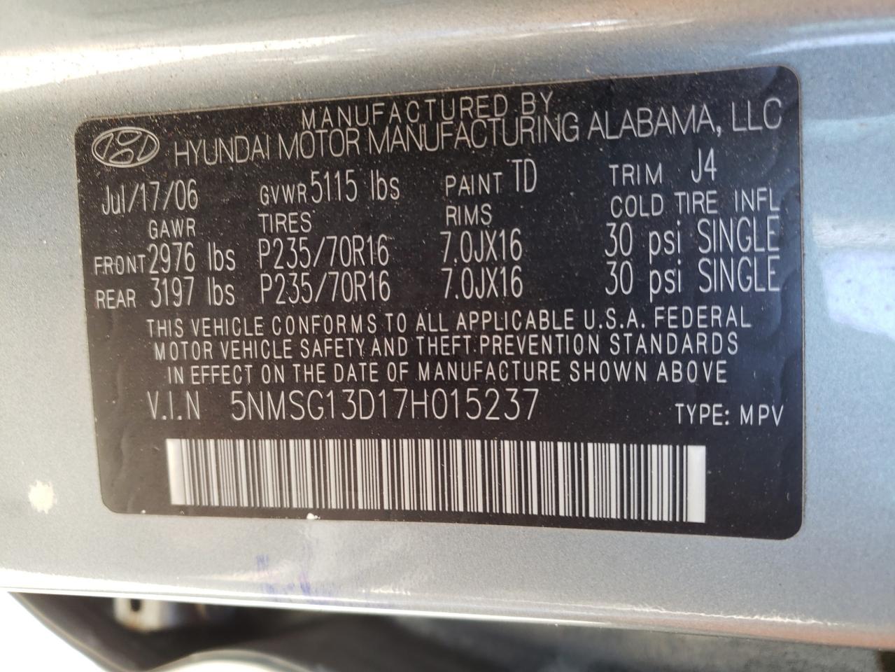Photo 10 from auction – 2007 HYUNDAI SANTA FE G with VIN 5NMSG13D17H015237