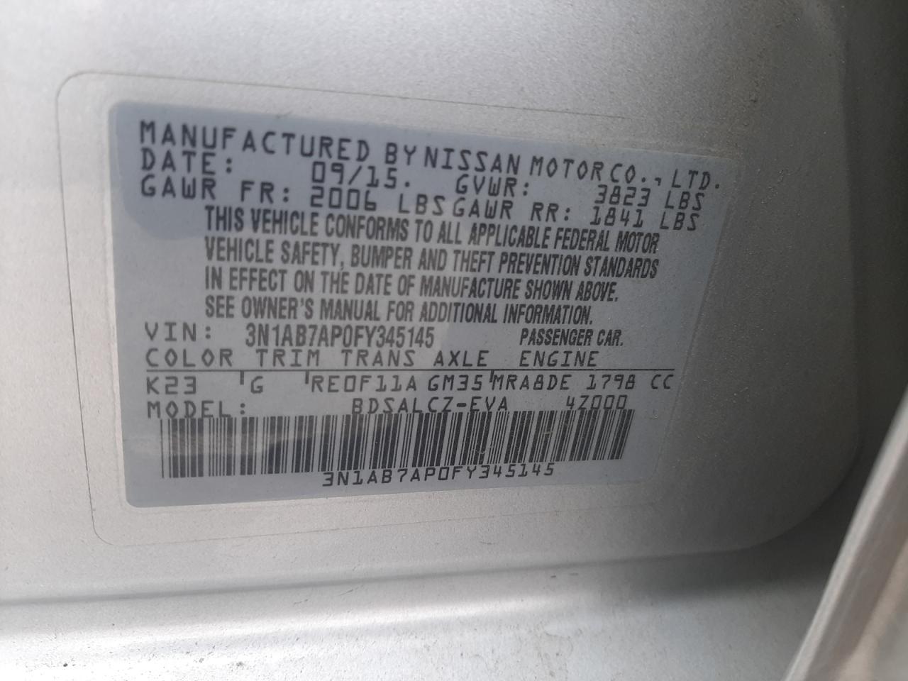 Photo 10 from auction – 2015 NISSAN SENTRA S with VIN 3N1AB7AP0FY345145