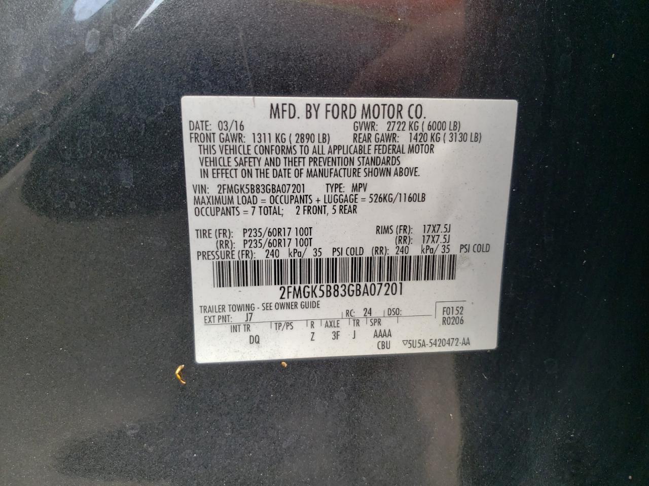 Photo 10 from auction – 2016 FORD FLEX SE with VIN 2FMGK5B83GBA07201