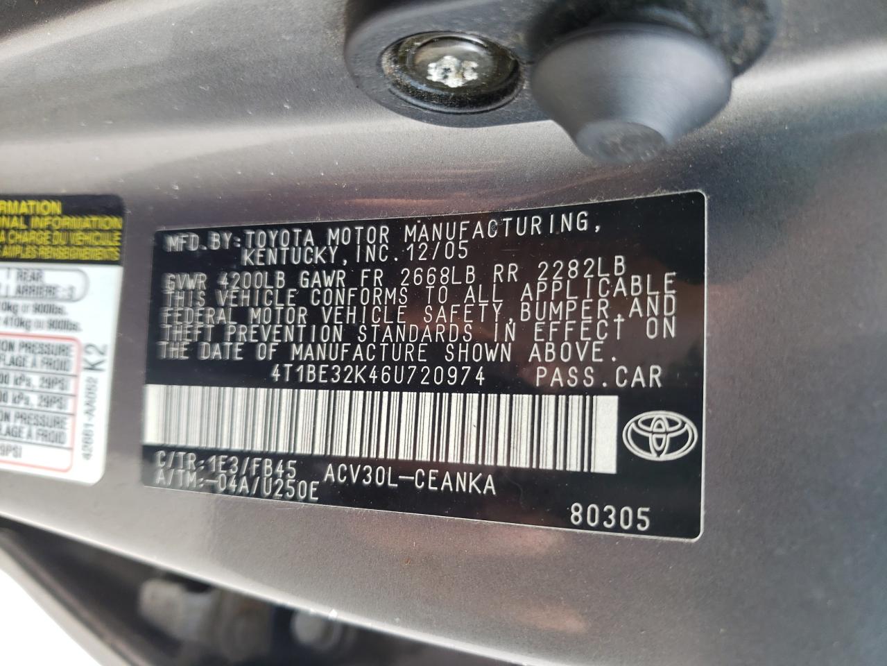 Photo 10 from auction – 2006 TOYOTA CAMRY LE with VIN 4T1BE32K46U720974