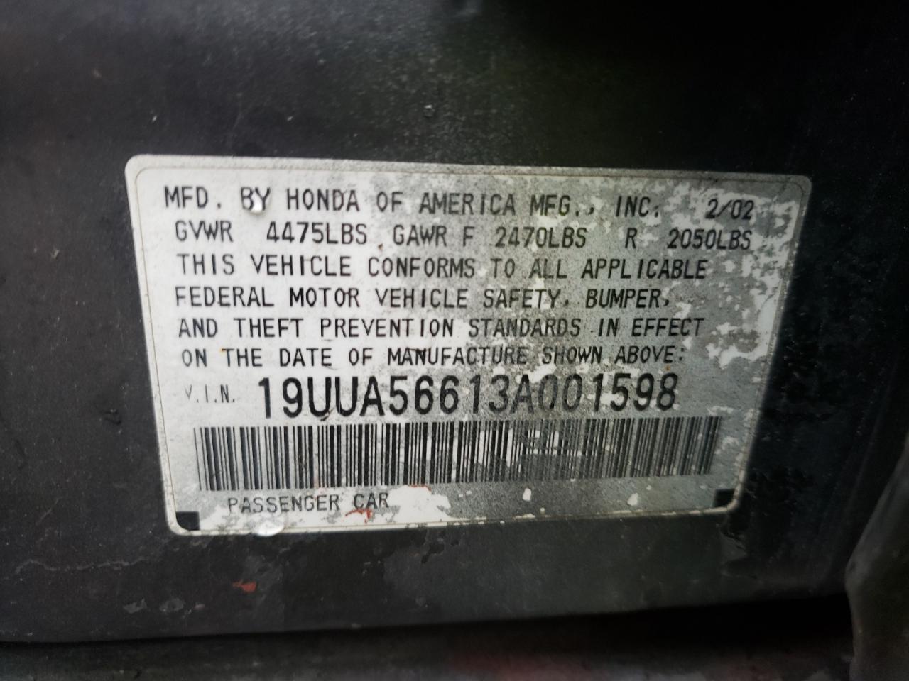 Photo 10 from auction – 2003 ACURA 3.2TL with VIN 19UUA56613A001598