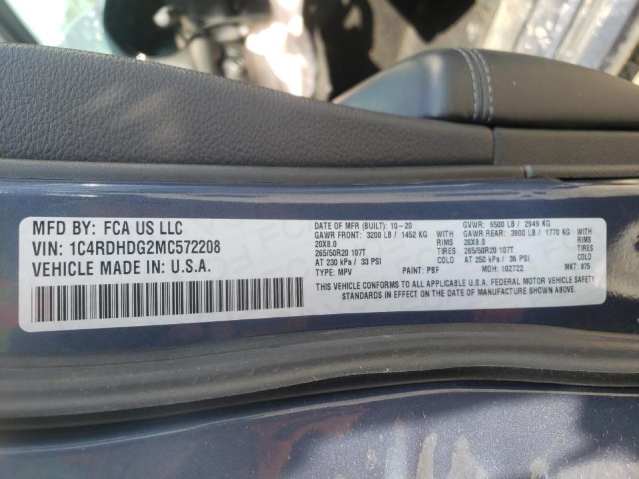 Photo 10 from auction – 2021 DODGE DURANGO GT with VIN 1C4RDHDG2MC572208