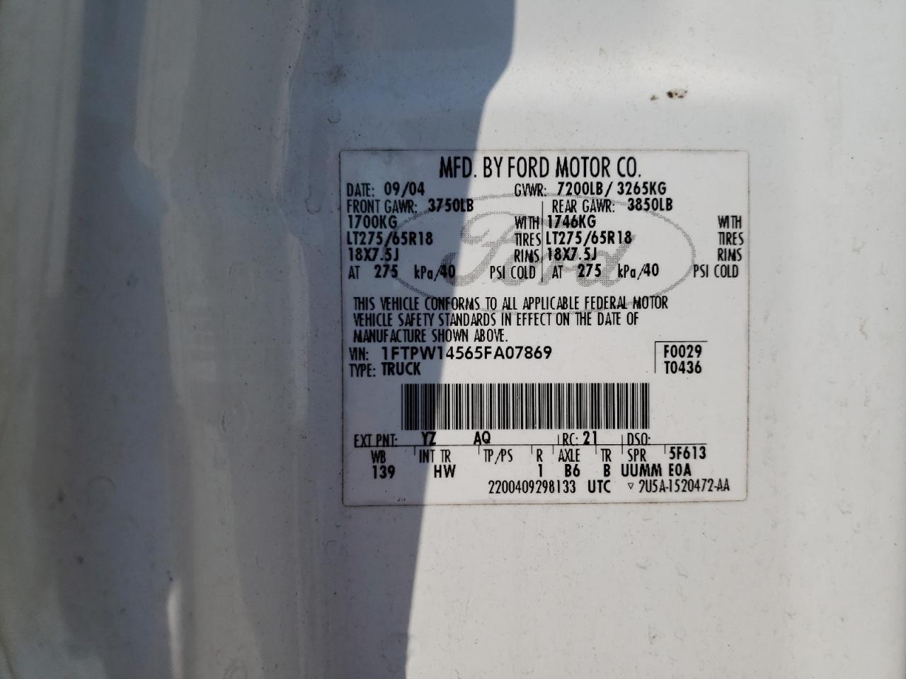 Photo 10 from auction – 2005 FORD F150 SUPER with VIN 1FTPW14565FA07869