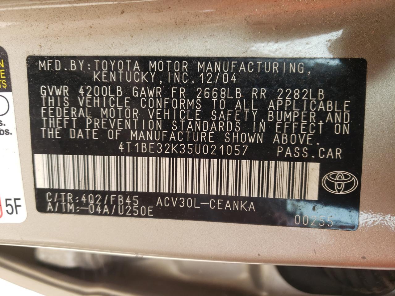 Photo 10 from auction – 2005 TOYOTA CAMRY LE with VIN 4T1BE32K35U021057