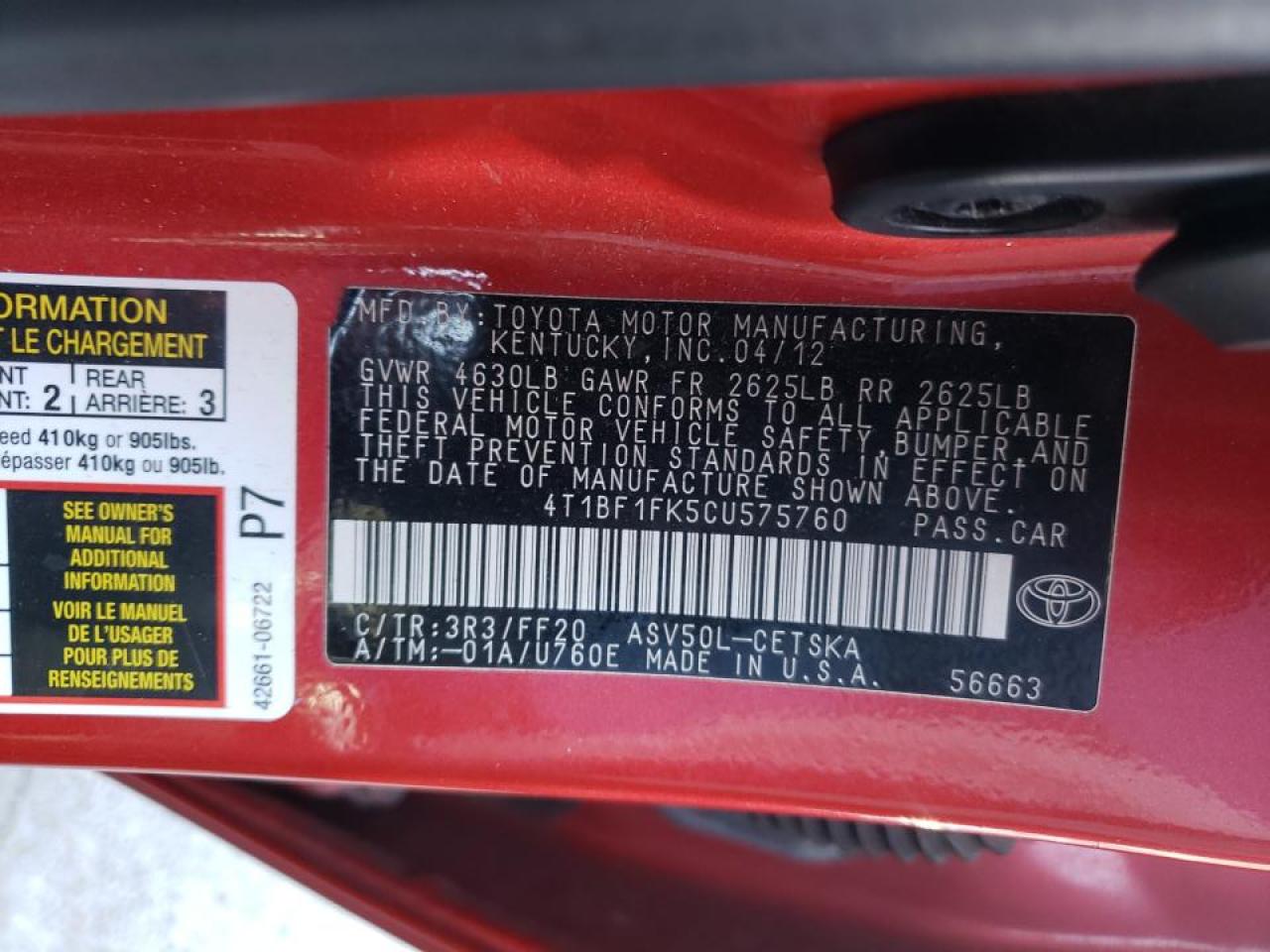 Photo 10 from auction – 2012 TOYOTA CAMRY BASE with VIN 4T1BF1FK5CU575760