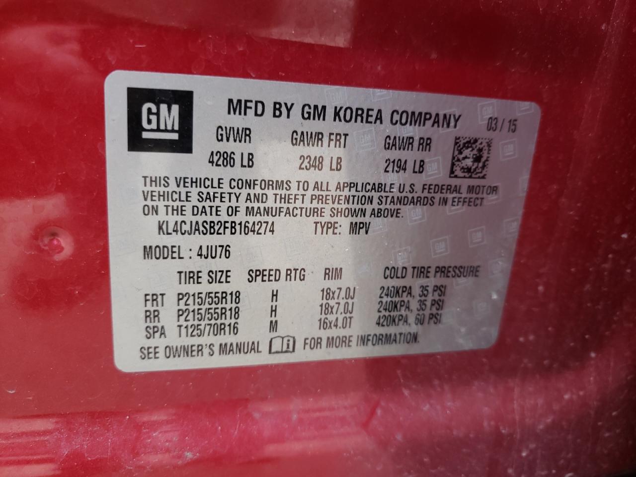 Photo 10 from auction – 2015 BUICK ENCORE with VIN KL4CJASB2FB164274
