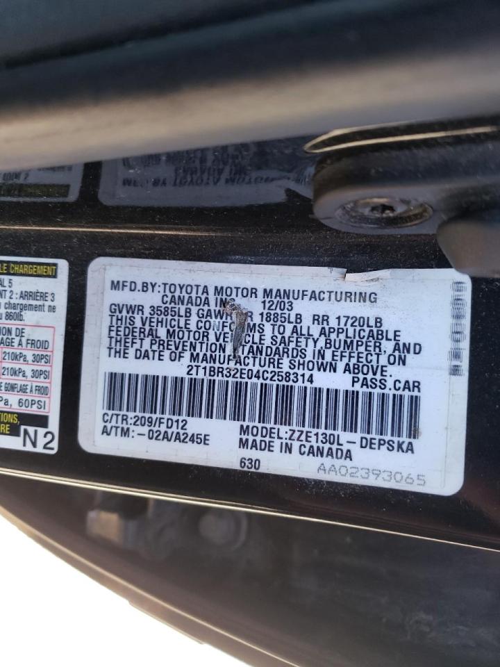 Photo 10 from auction – 2004 TOYOTA COROLLA CE with VIN 2T1BR32E04C258314