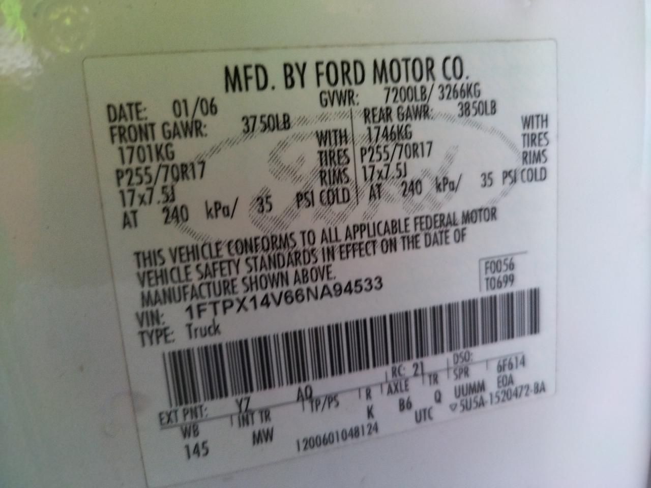 Photo 10 from auction – 2006 FORD F150 with VIN 1FTPX14V66NA94533