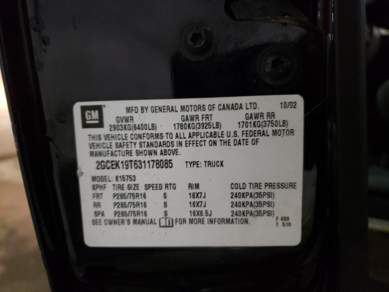 Photo 10 from auction – 2003 CHEVROLET SILVERADO with VIN 2GCEK19T631178085