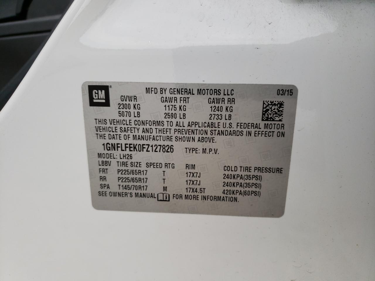 Photo 10 from auction – 2015 CHEVROLET EQUINOX LT with VIN 1GNFLFEK0FZ127826