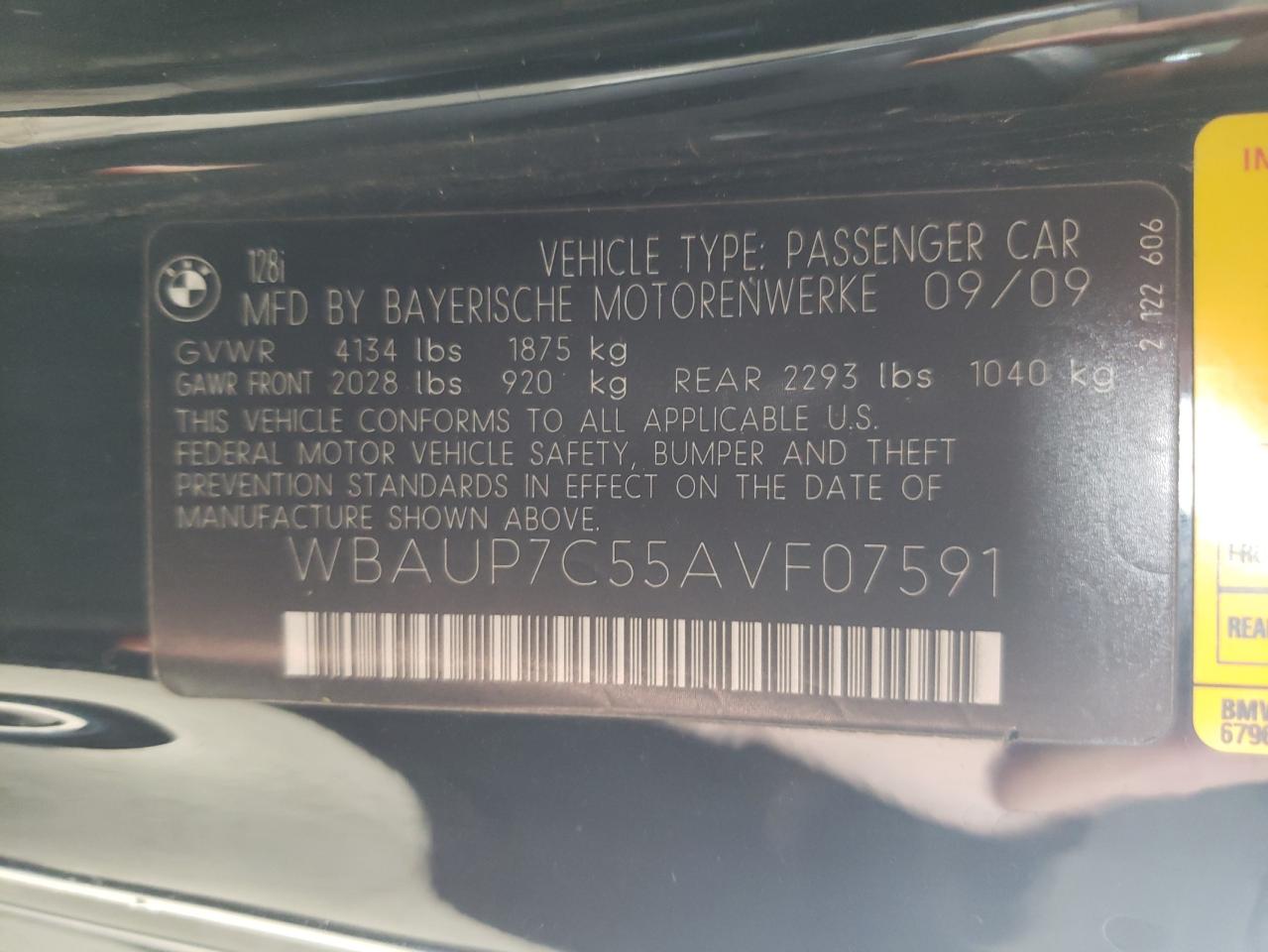 Photo 10 from auction – 2010 BMW 128 I with VIN WBAUP7C55AVF07591