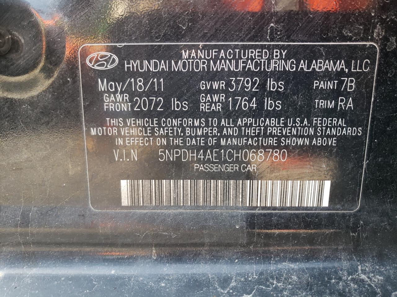 Photo 11 from auction – 2012 HYUNDAI ELANTRA with VIN 5NPDH4AE1CH068780