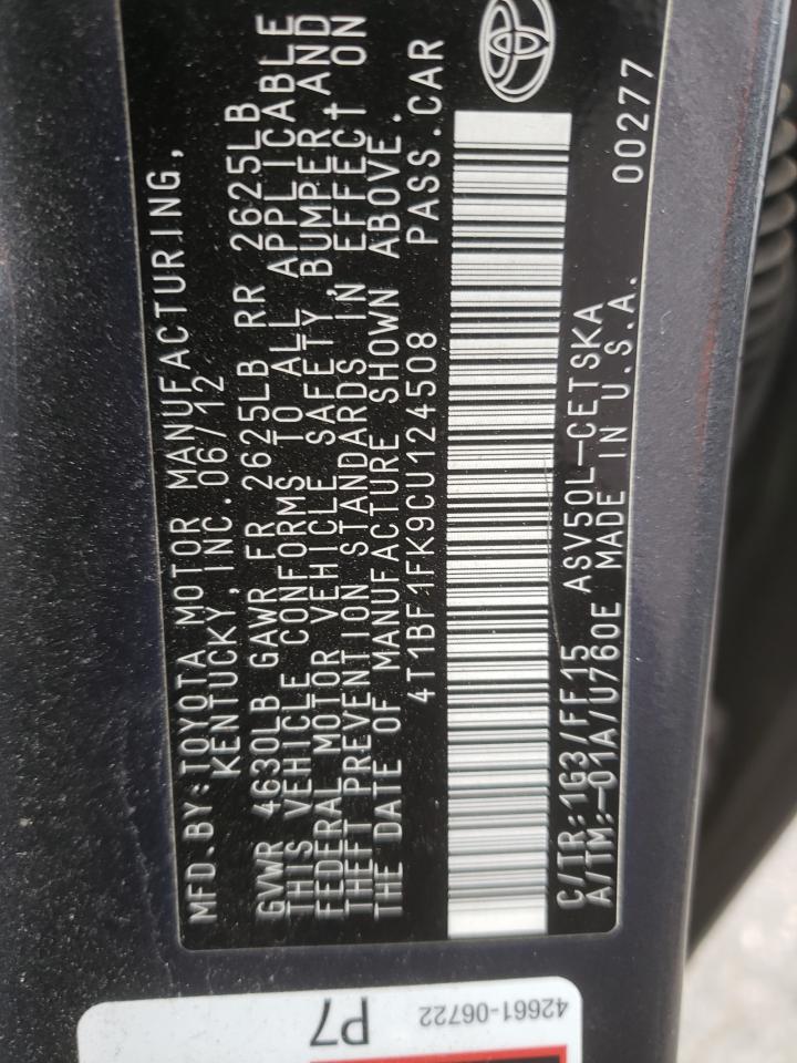 Photo 10 from auction – 2012 TOYOTA CAMRY BASE with VIN 4T1BF1FK9CU124508
