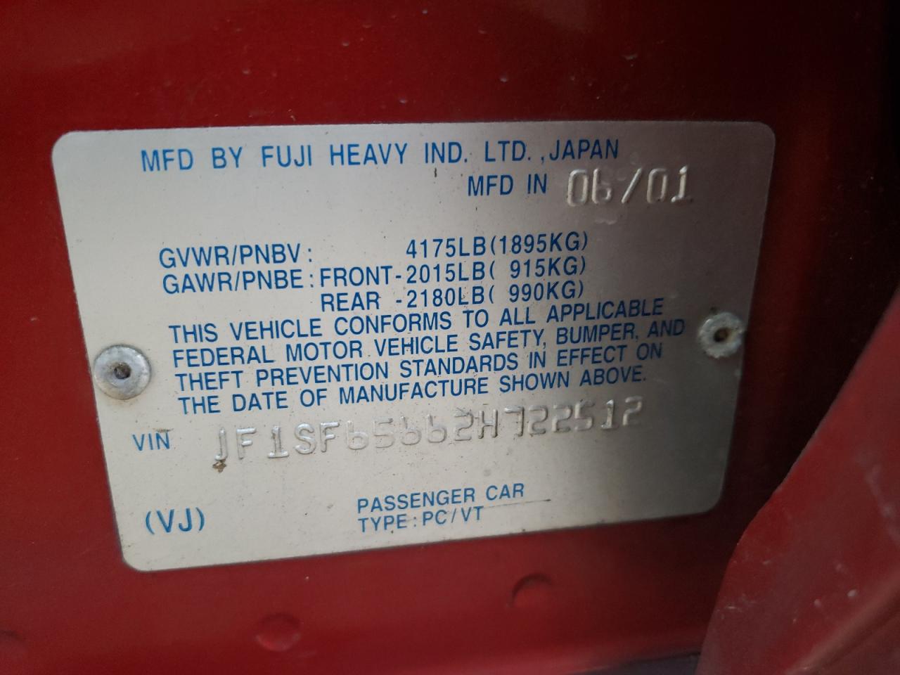 Photo 10 from auction – 2002 SUBARU FORESTER S with VIN JF1SF65662H722512