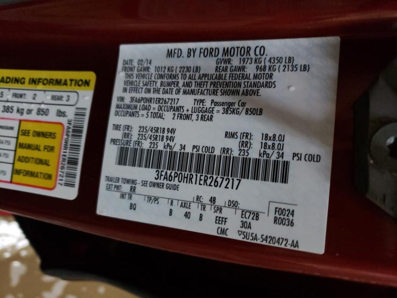 Photo 10 from auction – 2014 FORD FUSION SE with VIN 3FA6P0HR1ER267217