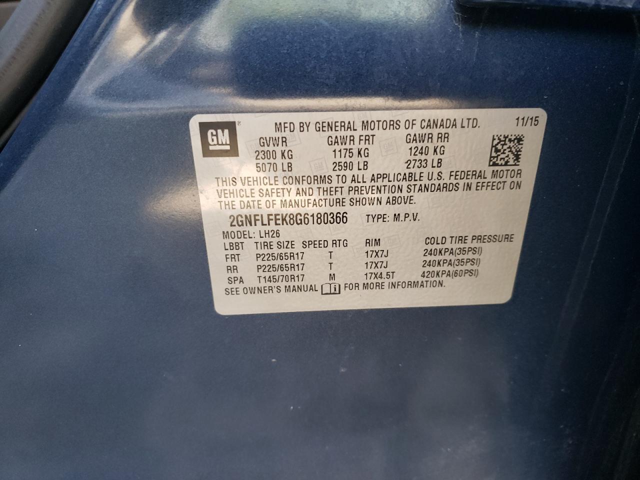 Photo 10 from auction – 2016 CHEVROLET EQUINOX LT with VIN 2GNFLFEK8G6180366