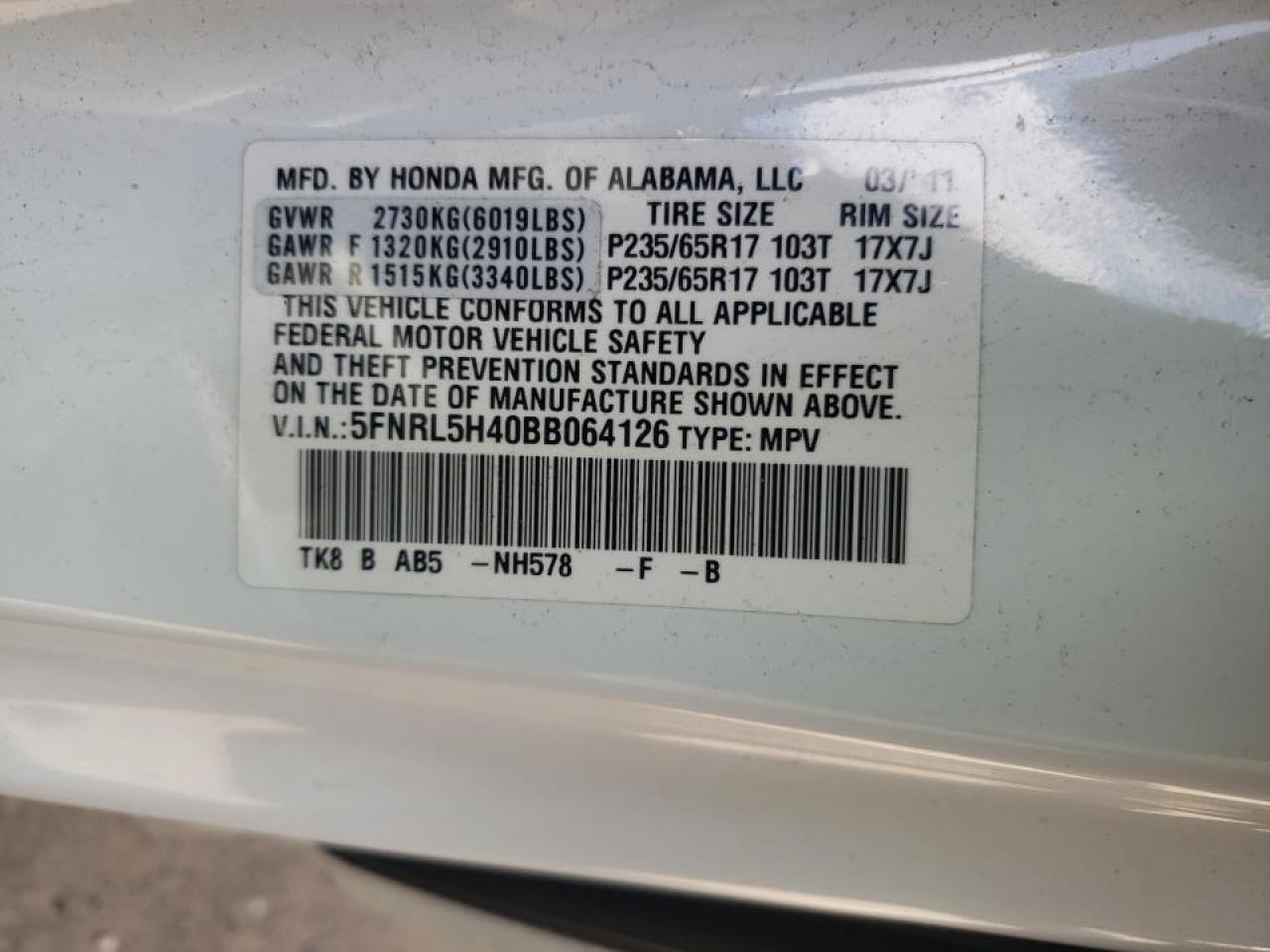 Photo 10 from auction – 2011 HONDA ODYSSEY EX with VIN 5FNRL5H40BB064126