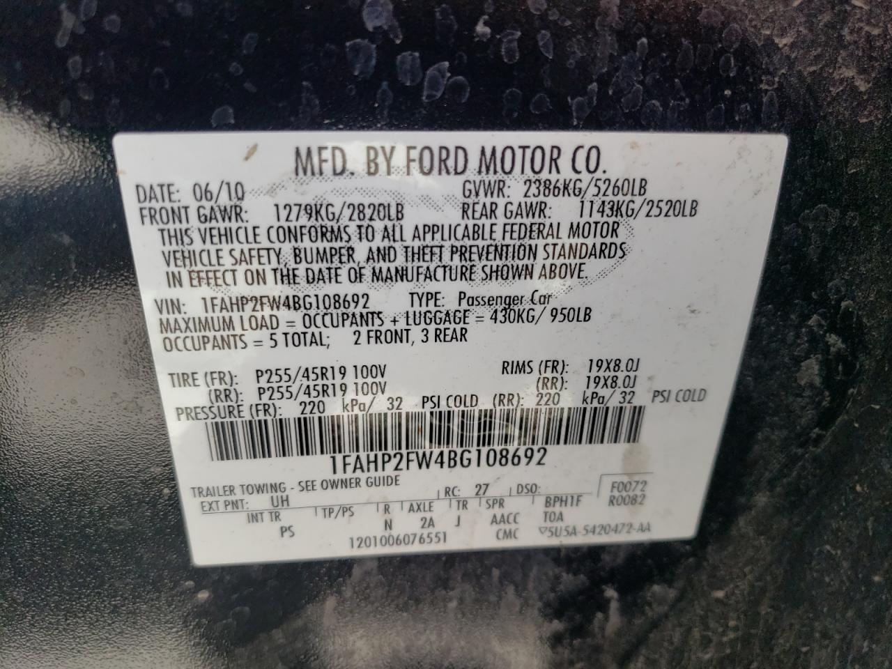Photo 10 from auction – 2011 FORD TAURUS with VIN 1FAHP2FW4BG108692