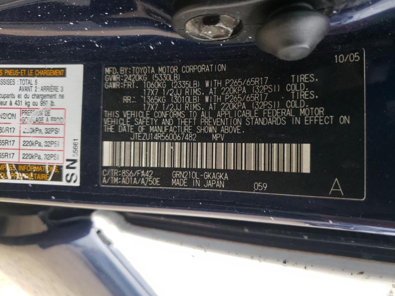 Photo 10 from auction – 2006 TOYOTA 4RUNNER SR with VIN JTEZU14R560067482
