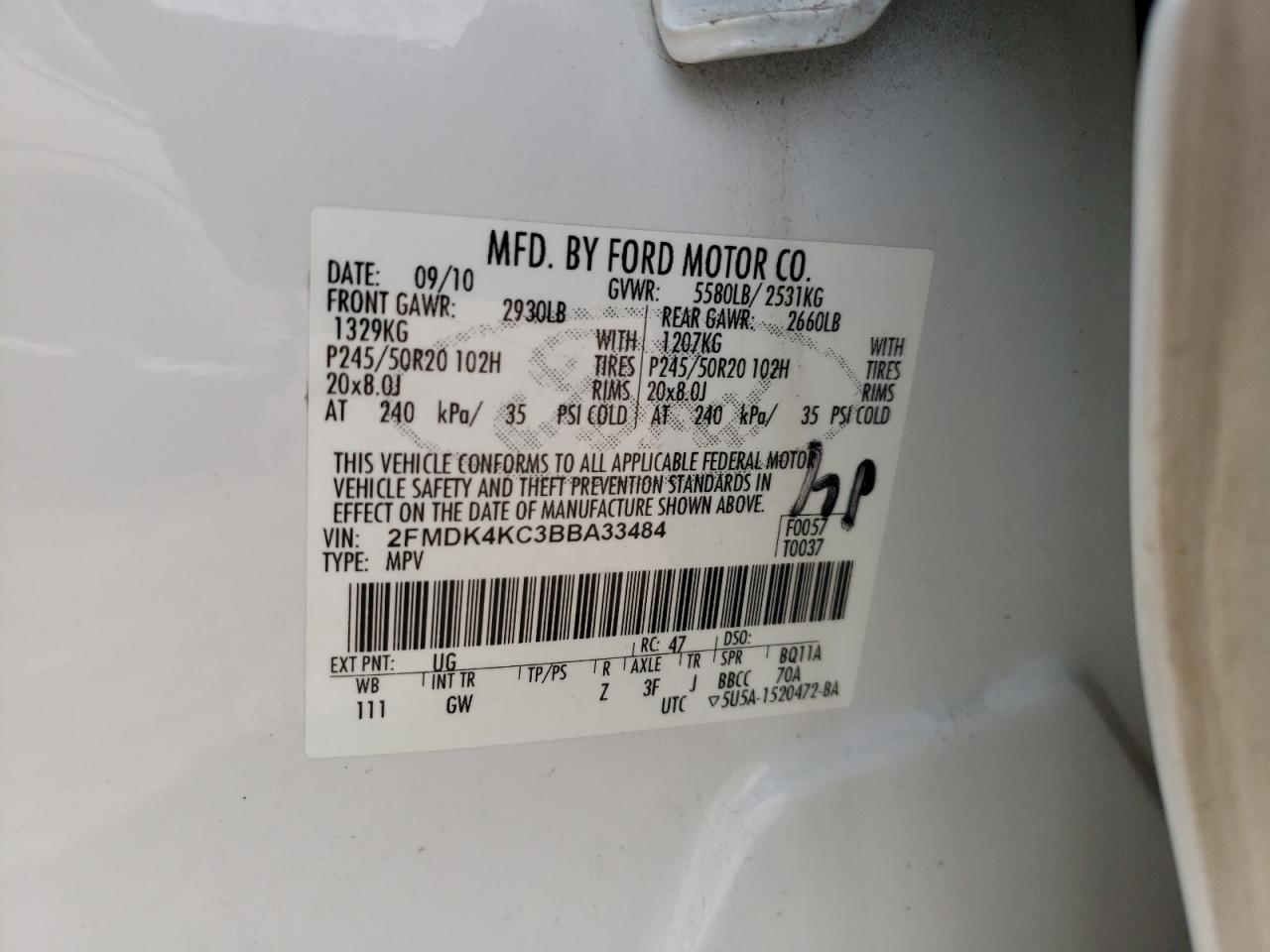Photo 10 from auction – 2011 FORD EDGE LIMIT with VIN 2FMDK4KC3BBA33484