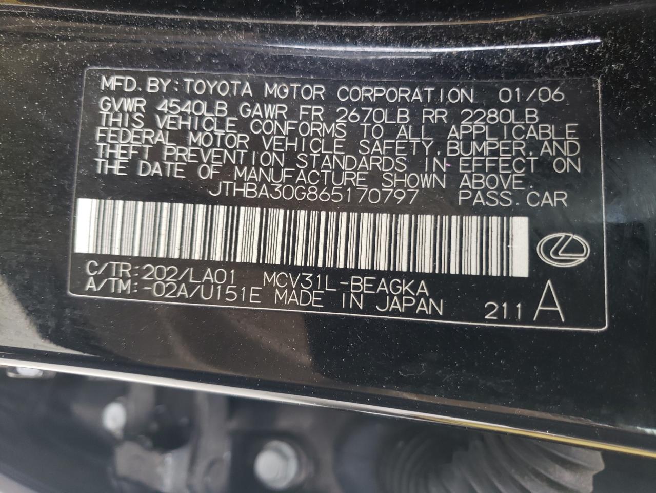 Photo 10 from auction – 2006 LEXUS ES 330 with VIN JTHBA30G865170797