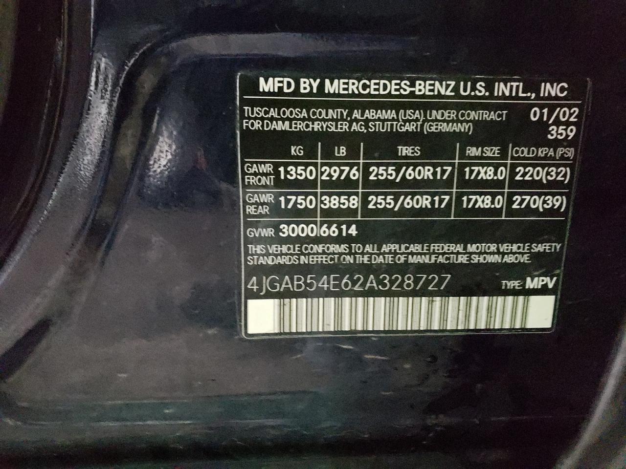 Photo 10 from auction – 2002 MERCEDES-BENZ ML 320 with VIN 4JGAB54E62A328727