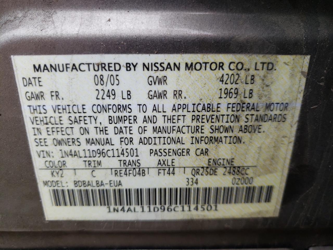 Photo 20 from auction – 2006 NISSAN ALTIMA S with VIN 1N4AL11D96C114501