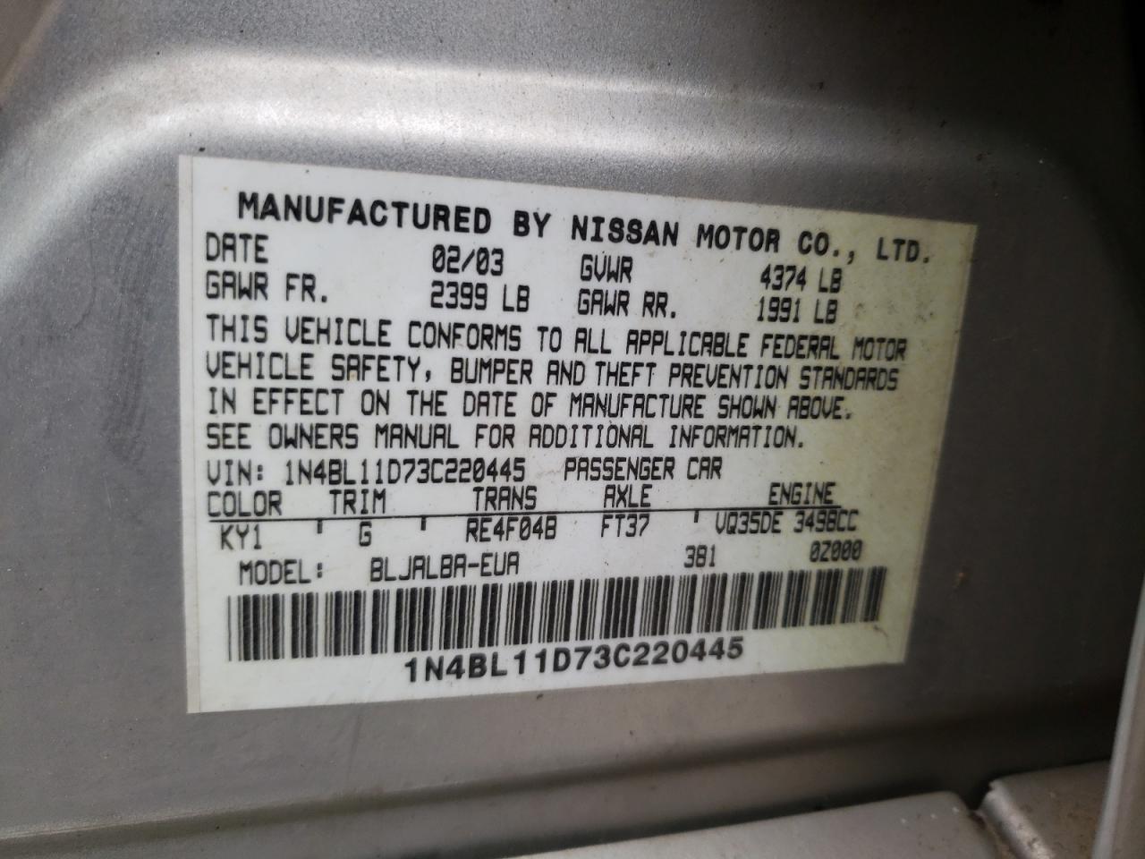 Photo 10 from auction – 2003 NISSAN ALTIMA SE with VIN 1N4BL11D73C220445