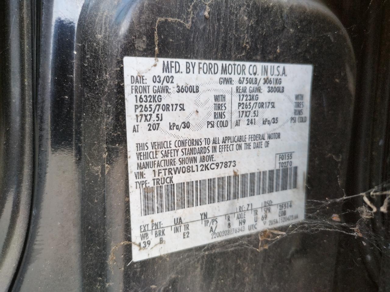 Photo 10 from auction – 2002 FORD F150 SUPER with VIN 1FTRW08L12KC97873