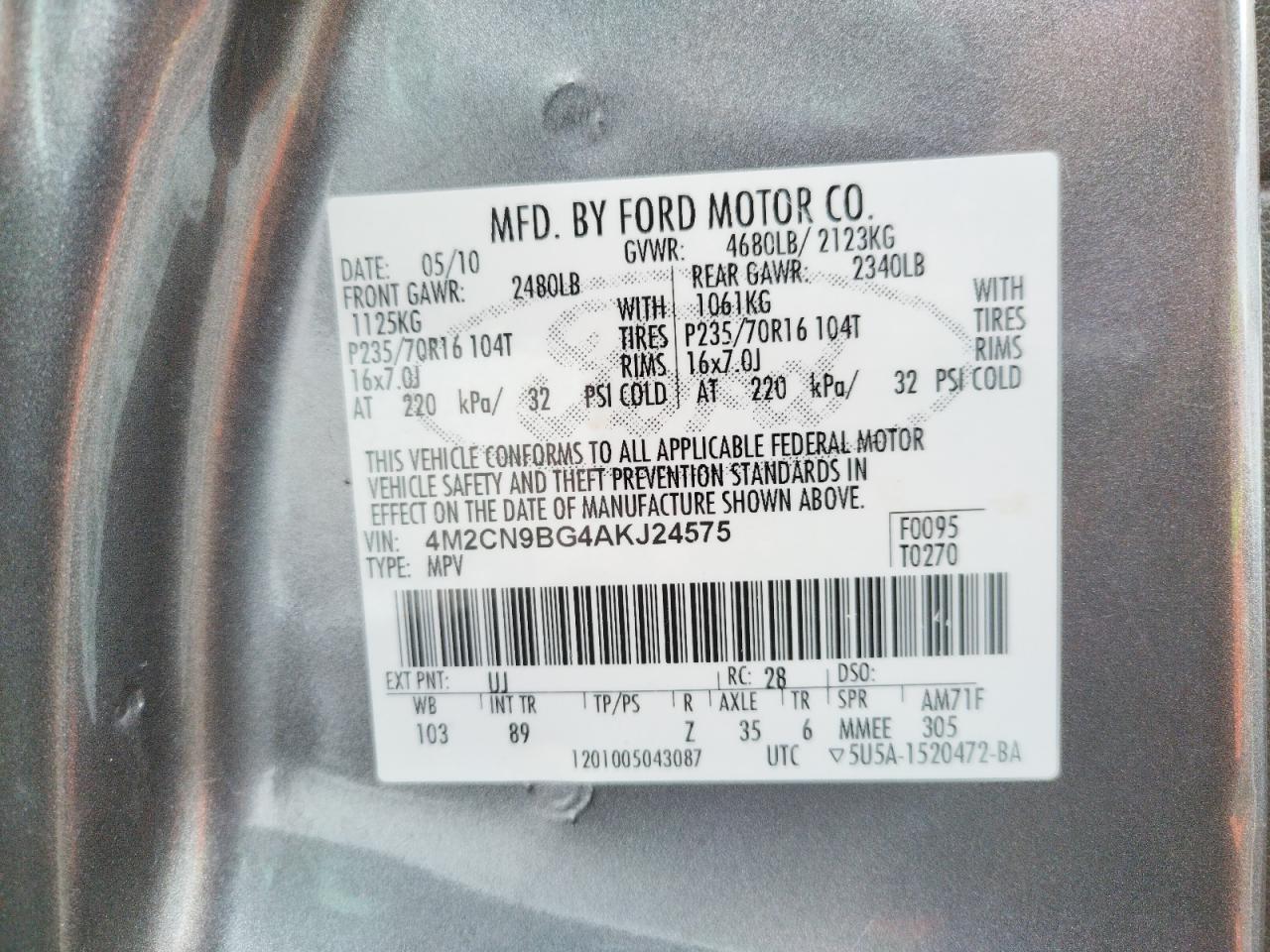 Photo 10 from auction – 2010 MERCURY MARINER with VIN 4M2CN9BG4AKJ24575