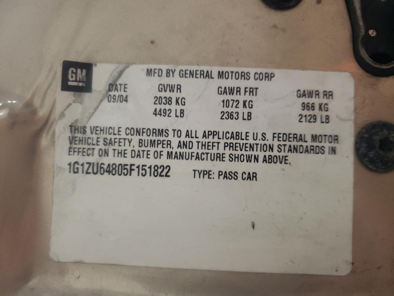 Photo 10 from auction – 2005 CHEVROLET MALIBU MAX with VIN 1G1ZU64805F151822