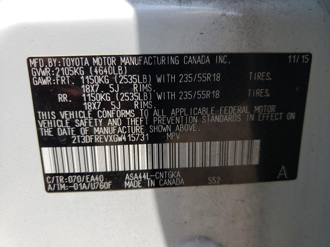 Photo 11 from auction – 2016 TOYOTA RAV4 LIMIT with VIN 2T3DFREVXGW415731