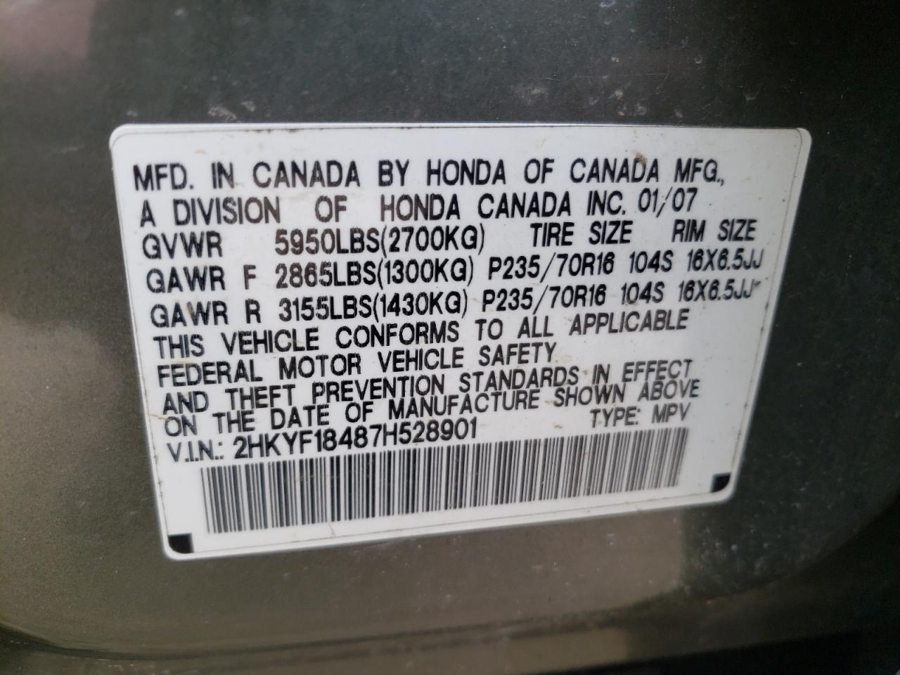 Photo 10 from auction – 2007 HONDA PILOT EX with VIN 2HKYF18487H528901