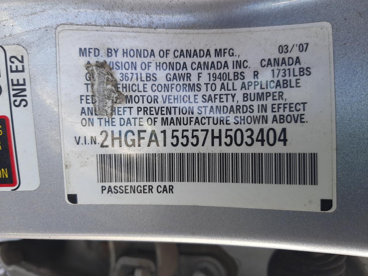 Photo 10 from auction – 2007 HONDA CIVIC LX with VIN 2HGFA15557H503404