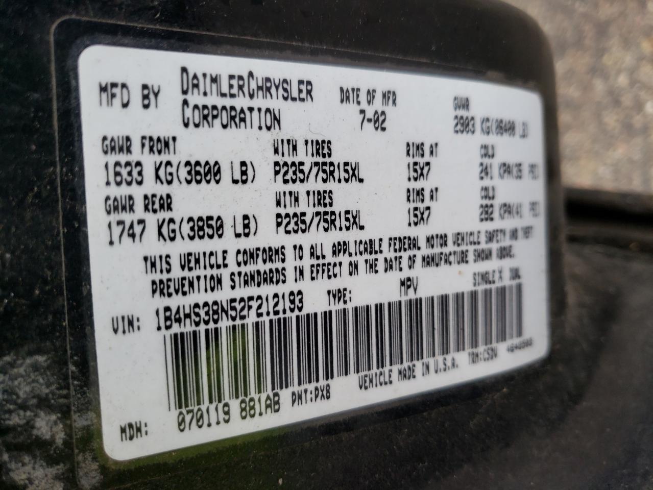 Photo 10 from auction – 2002 DODGE DURANGO with VIN 1B4HS38N52F212193