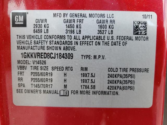 Photo 10 from auction – 2012 GMC ACADIA SLT with VIN 1GKKVRED8CJ184309