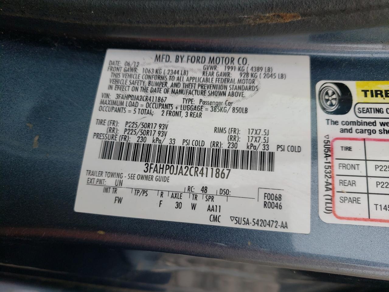 Photo 10 from auction – 2012 FORD FUSION SEL with VIN 3FAHP0JA2CR411867