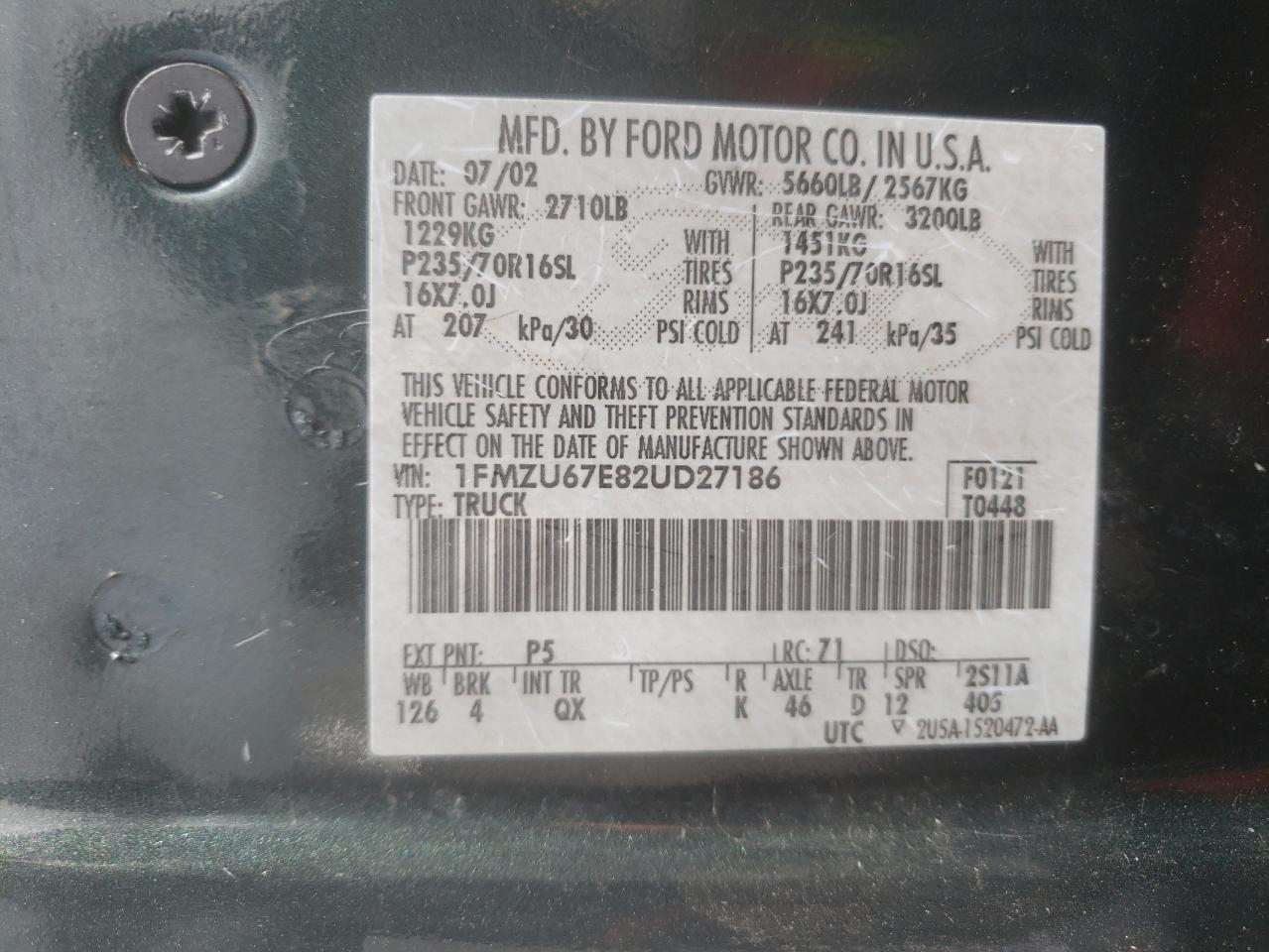 Photo 10 from auction – 2002 FORD EXPLORER S with VIN 1FMZU67E82UD27186
