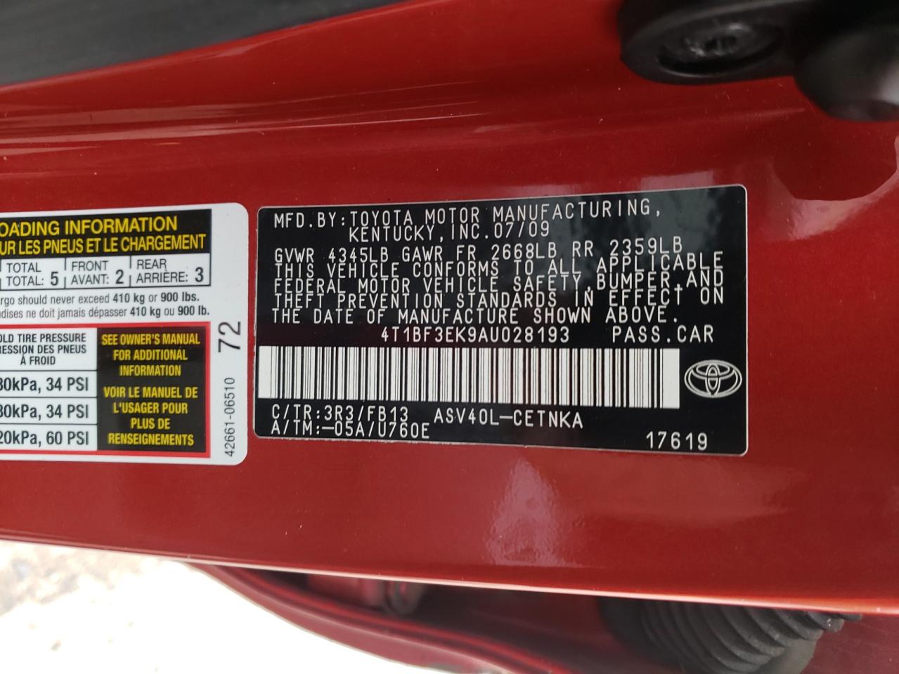 Photo 10 from auction – 2010 TOYOTA CAMRY BASE with VIN 4T1BF3EK9AU028193