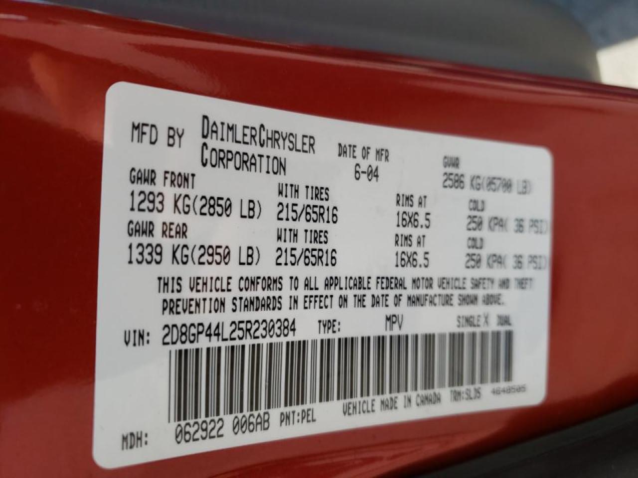 Photo 10 from auction – 2005 DODGE GRAND CARA with VIN 2D8GP44L25R230384