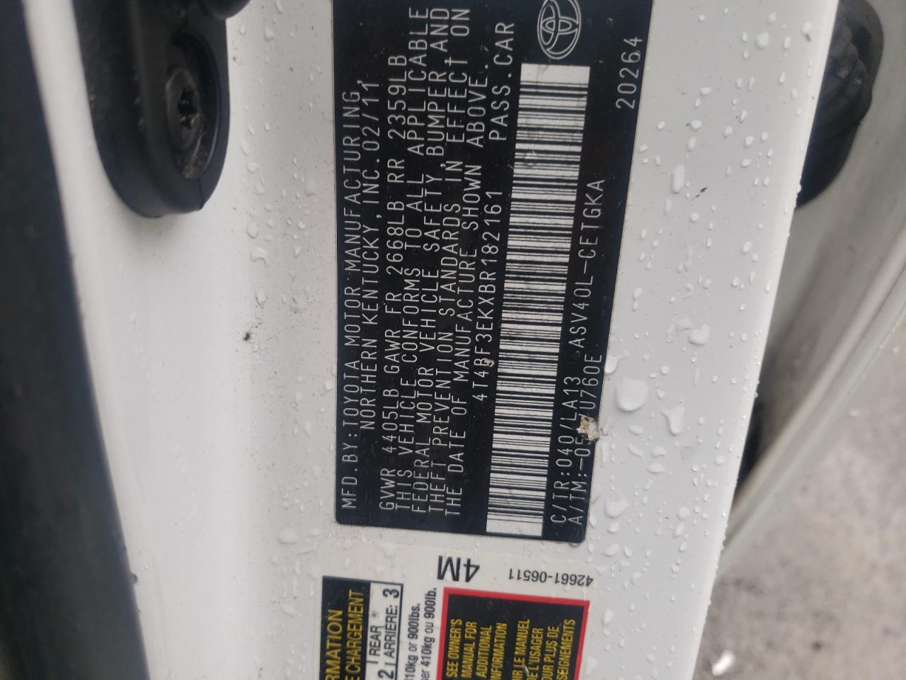 Photo 10 from auction – 2011 TOYOTA CAMRY BASE with VIN 4T4BF3EKXBR182161